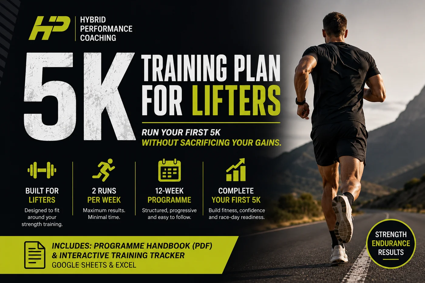 5K Training Plan for Lifters cover, showing a runner on a mountain road