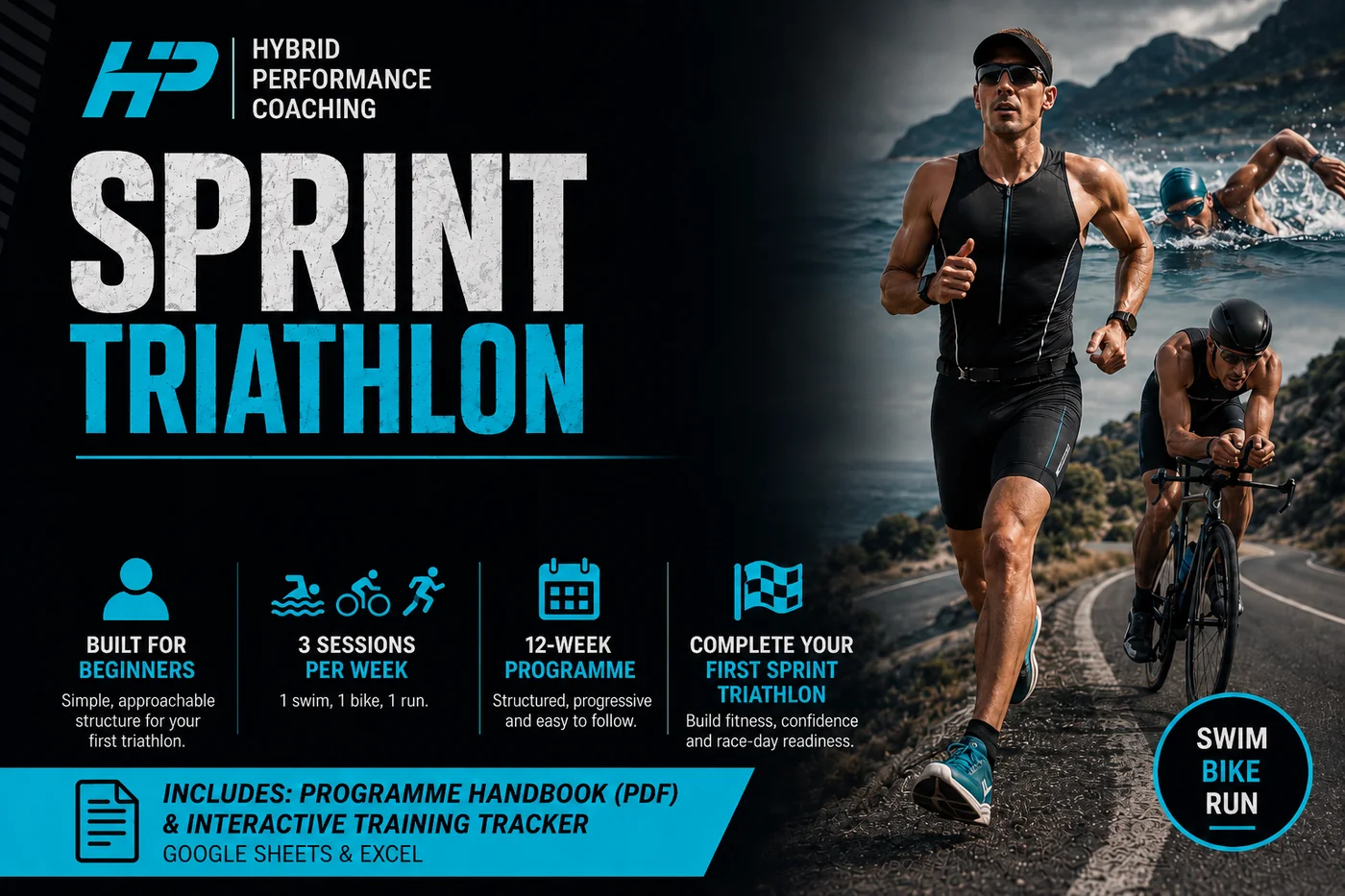 Sprint Triathlon training plan cover, showing swim, bike and run